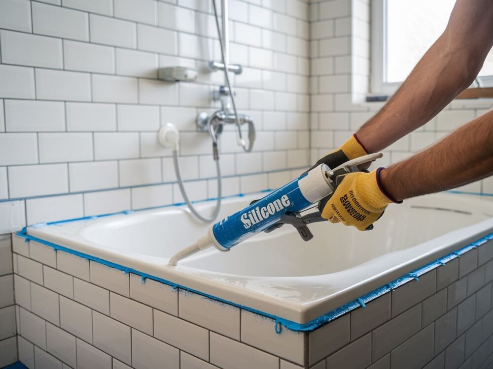 aplikacja silikonu przy wannie
