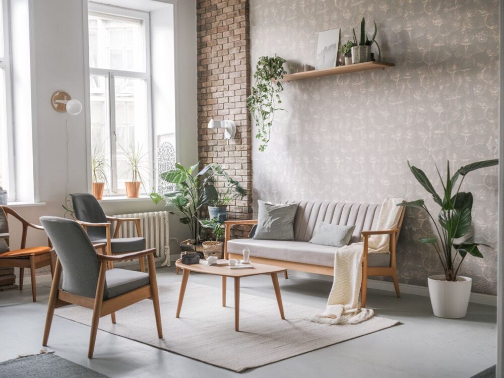 aranżacja salonu z cegłą