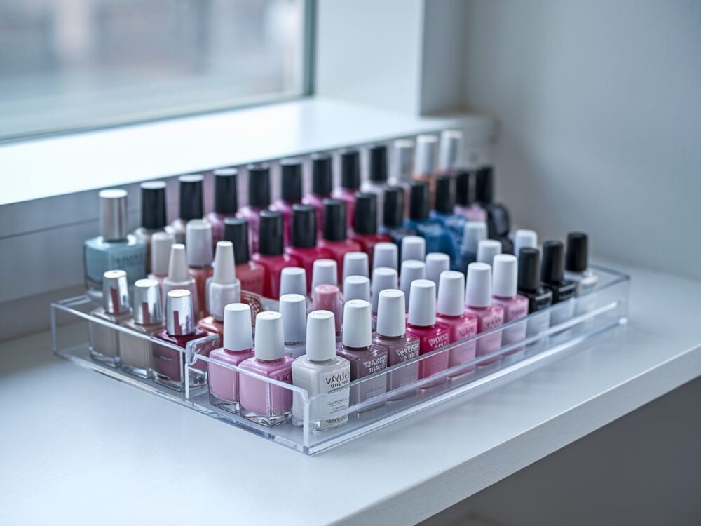 butelki lakierów na półce