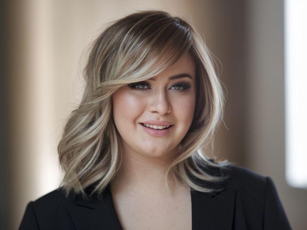 kobieta z okrągłą twarzą i modną fryzurą