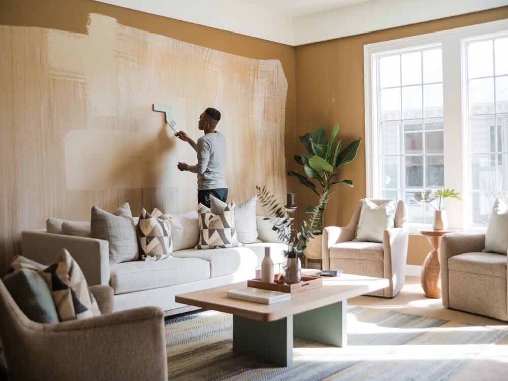 malowanie tapety w salonie