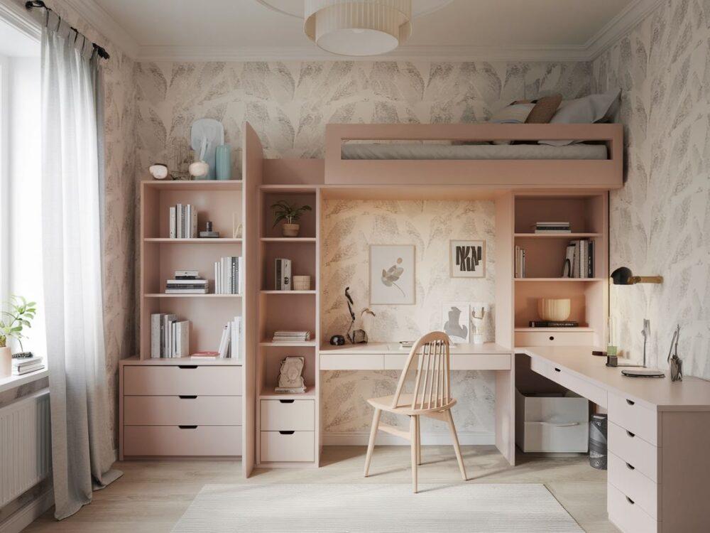 minimalistyczna sypialnia z pastelową tapetą