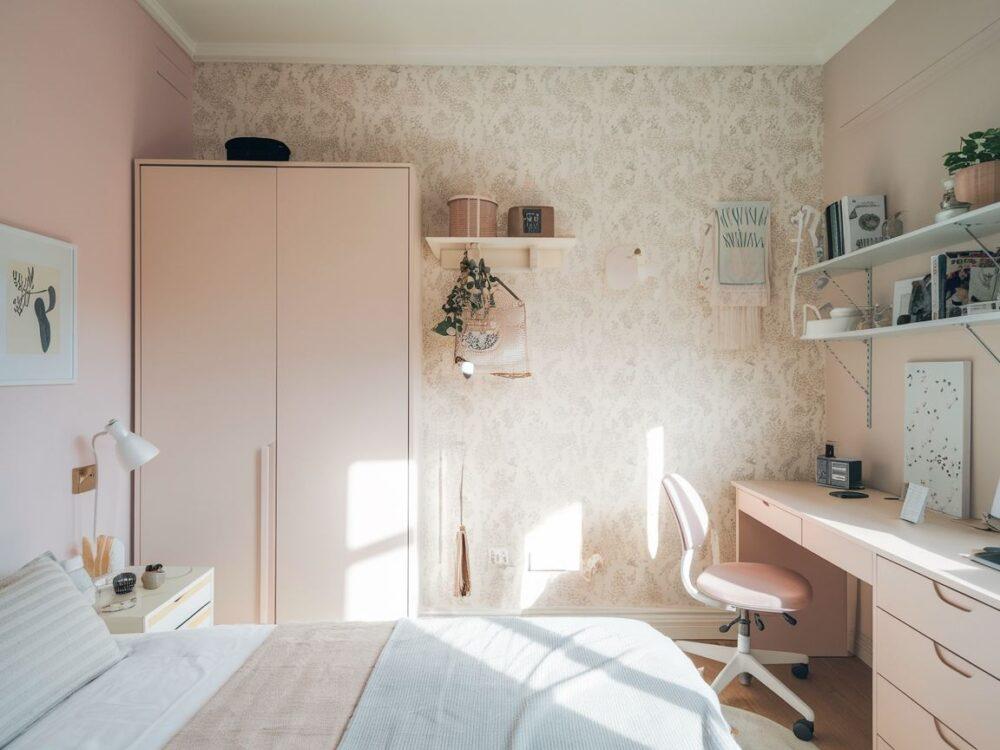 nowoczesna mała sypialnia z tapetą