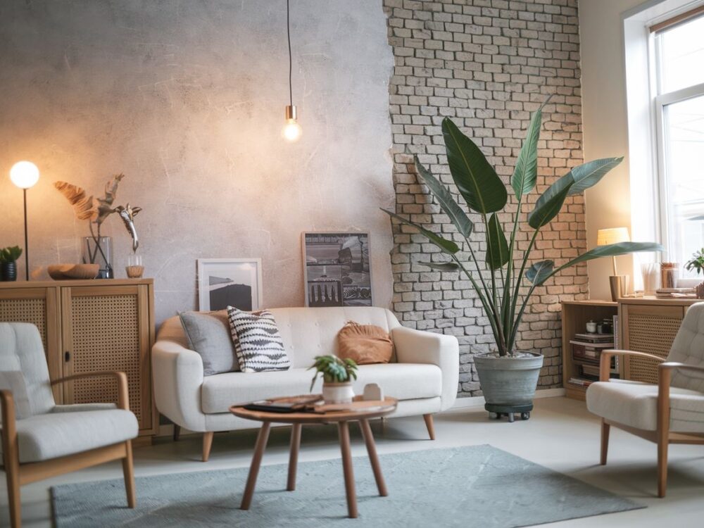 nowoczesne wnętrze z tapetą i cegłą