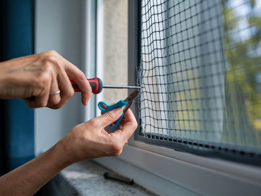 ręce przy siatce okiennej