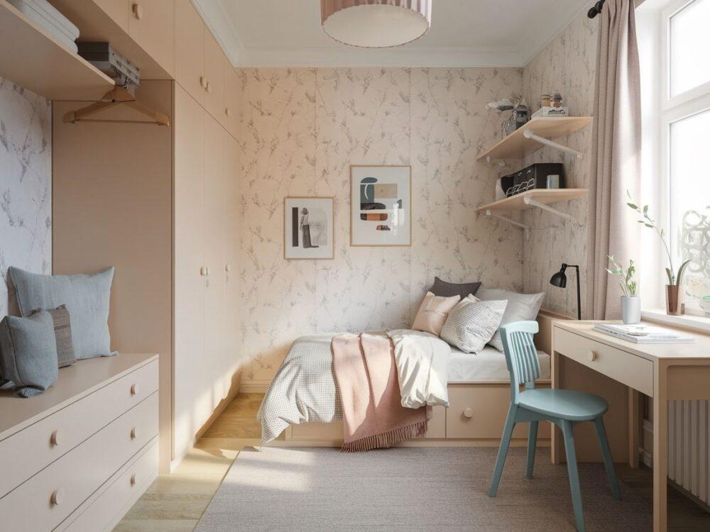 skandynawska sypialnia z jasną tapetą