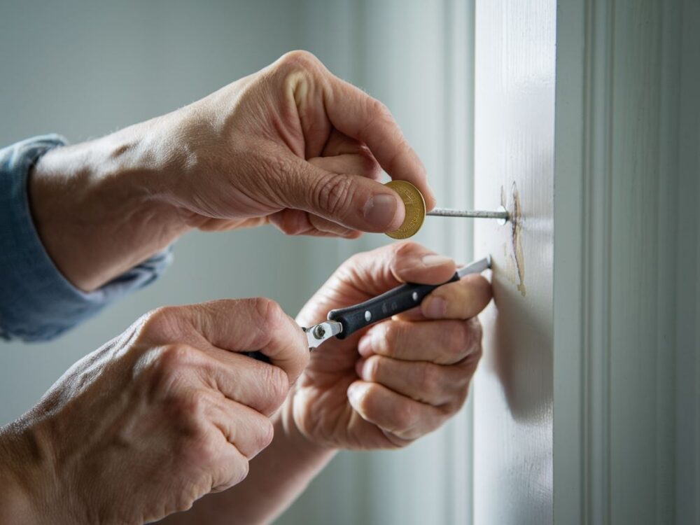 śruba na drewnianym blacie