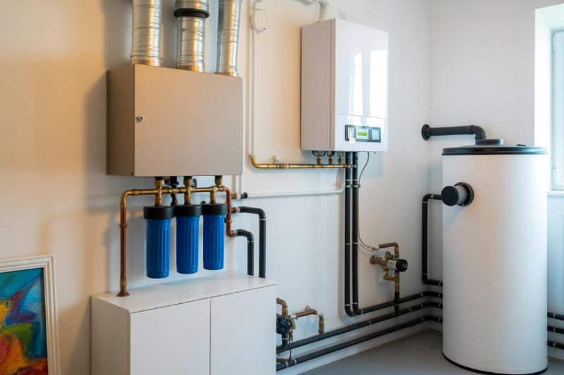 Instalacja grzewcza z zasobnikiem i filtrami w pomieszczeniu technicznym